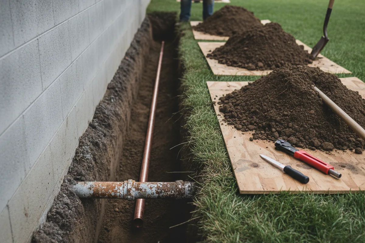 Excavated water line trench during Sewer Line Repair in Tougaloo